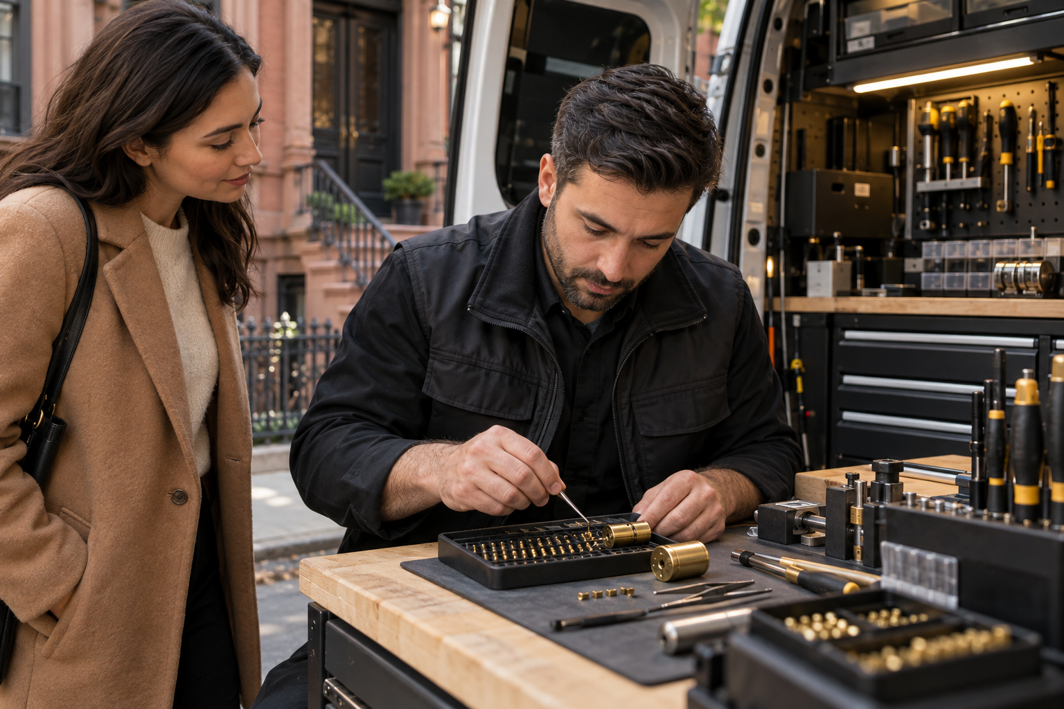 FIX & LOCKS technician installing a residential deadbolt in Brooklyn